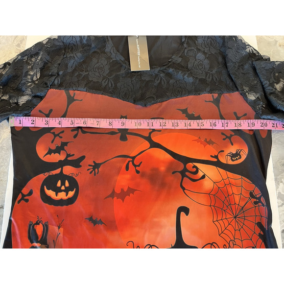 Happy Halloween Graphic Top Women SZ L Lace Sleeves NEW Jack o Lantern Print NWT - Picture 8 of 10
